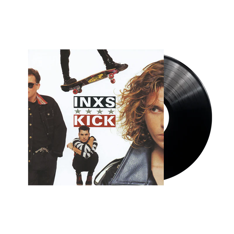 Vinyl record with INXS 'Kick' album cover featuring band members and a skateboarder.