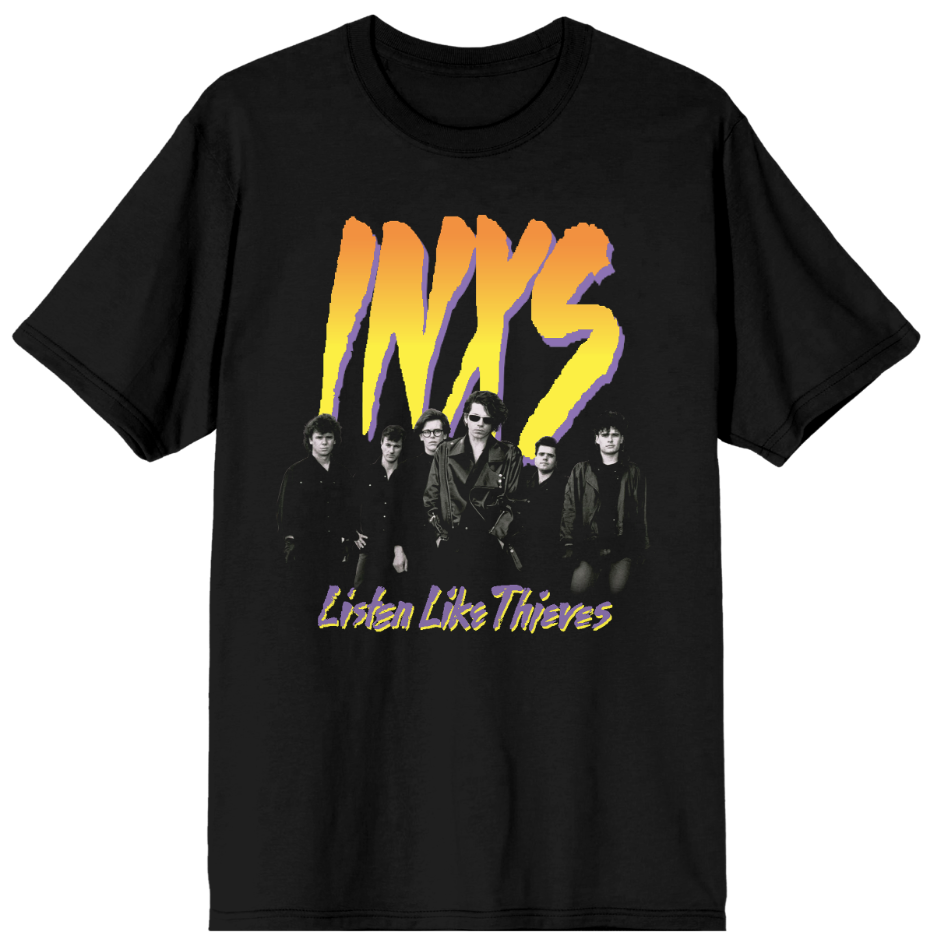 Black t-shirt with INXS band graphic and 'Listen Like Thieves' text on a white background