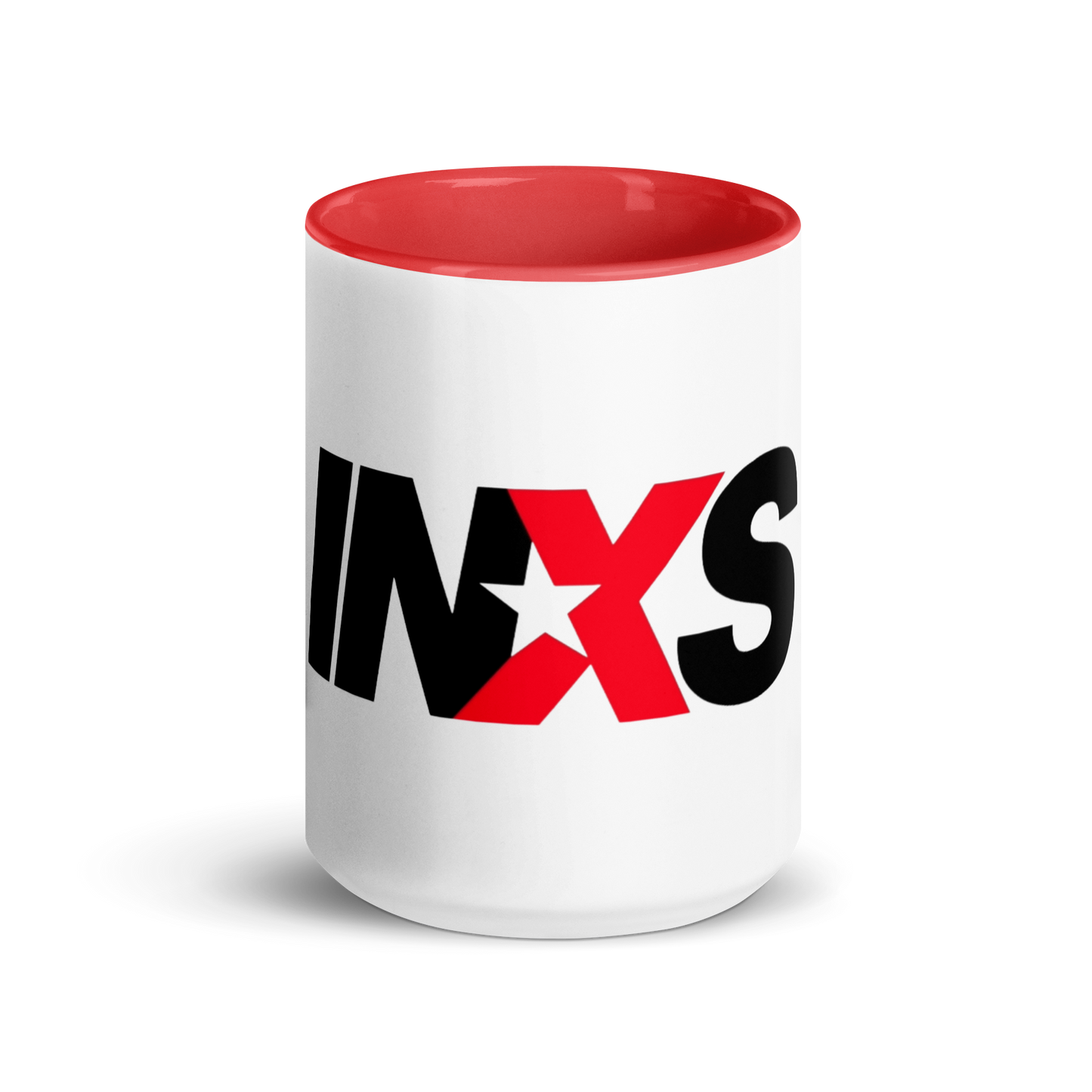 White mug with red interior and INXS logo on a white background