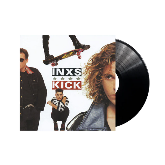 Vinyl record with INXS 'Kick' album cover featuring band members and a skateboarder.