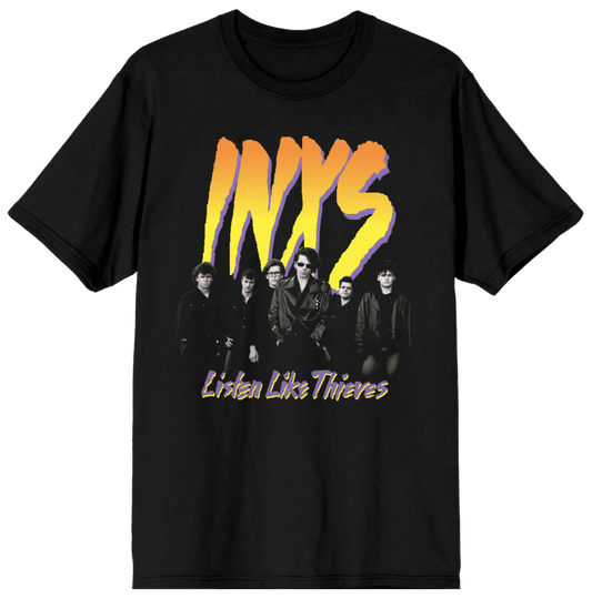 Black t-shirt with INXS band graphic and 'Listen Like Thieves' text on a white background