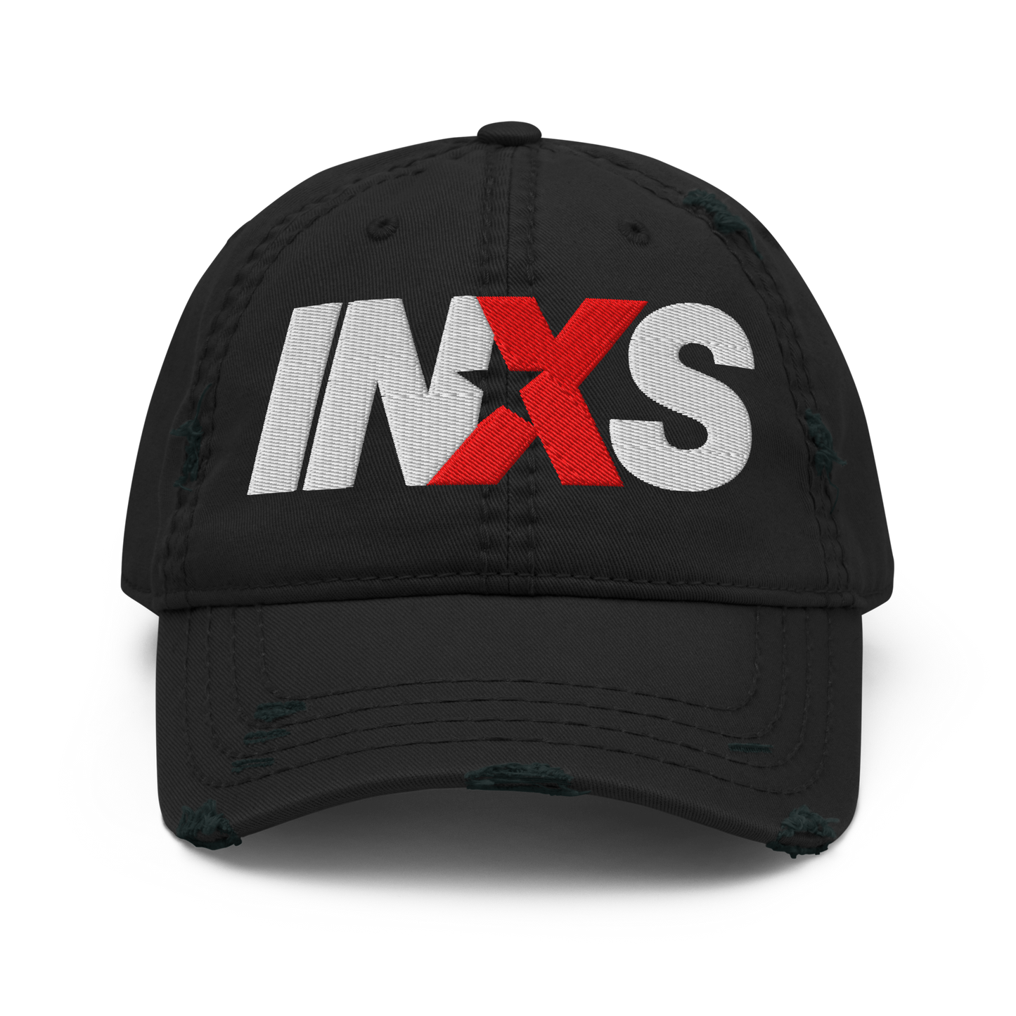 Black cap with INXS logo on a white background