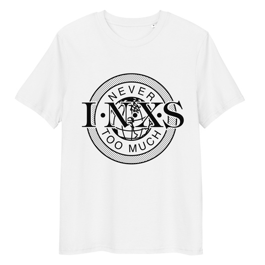 White t-shirt with black graphic design on a white background