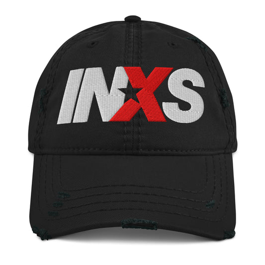 Black cap with INXS logo on a white background