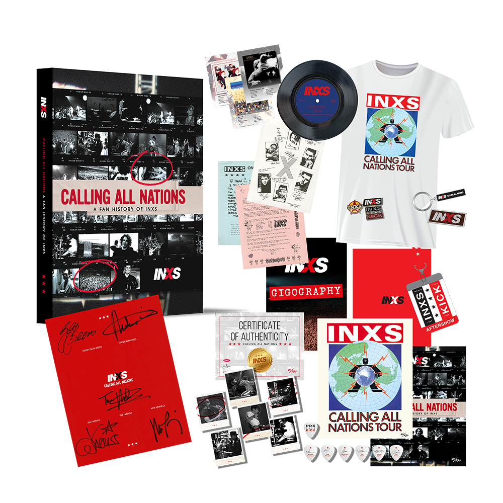 Calling All Nations - A Fan History of INXS Signed Super Deluxe Book + T-Shirt Fan Pack